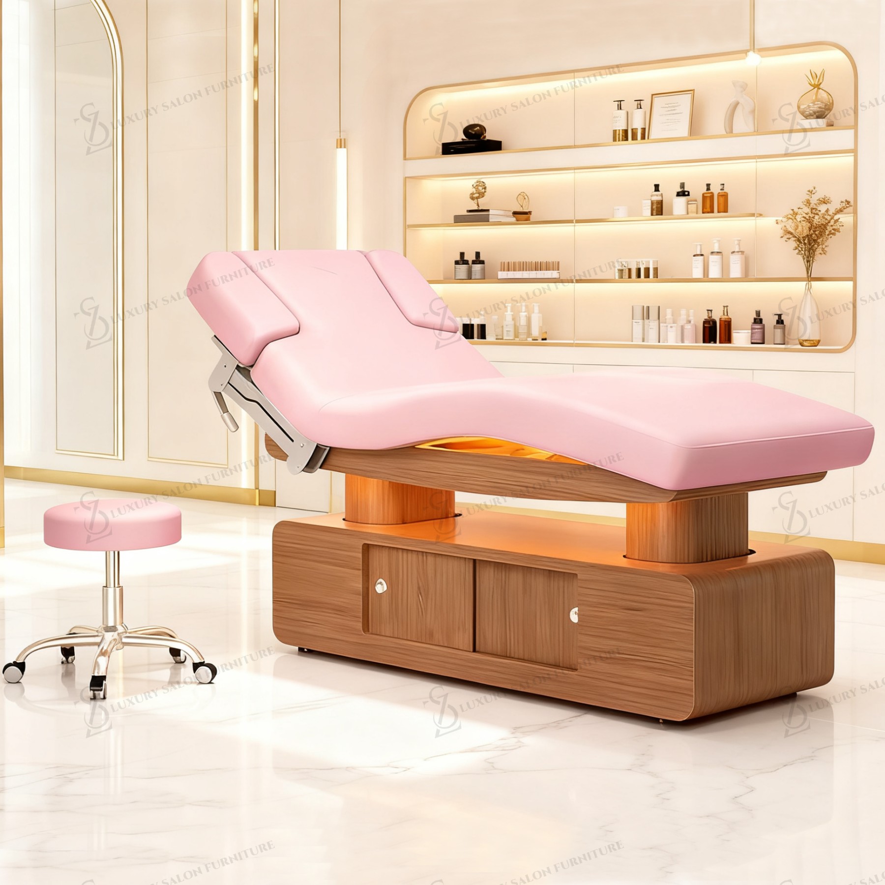Spa Wellness Salon - เตียงเสริมความงามไฟฟ้าอเนกประสงค์สีชมพู รุ่น Luxury 3/4 Motors สำหรับร้านเสริมสวย